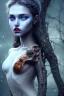 Placeholder: rustic girl, blue night atmosphere, 8K, close-up face, anatomically perfect face, india, tree on face, bold brown lips, brown eye, texture face,