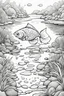 Placeholder: coloring page, fish in a creek, cartoon style, thick lines, low detail, no shading