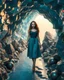 Placeholder: make a picture pretty cave made of crystal and metallic 3d fractal recursive cubic and sphere base structures and a beautiful fashion model lady with cute,with dark cyan decholte top and pretty pleated midi skirt,siver,curvy long hair,makeup, she walks in cave ,dynamic camera fallow her inside cave capturing full body, dynamic lights.