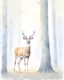 Placeholder: deer with antlers standing sideways, looking at viewer, realistic water color painted, among tall simplified tree trunks, foggy, pastels, colorful