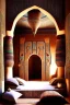 Placeholder: An Egyptian bedroom with arches, a big bed, cushions, rugs, lamps