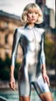 Placeholder: beautiful anorexic asian girl, total shot, shiny silver triathlon swimsuit, short blond wavy bob hair, blurred city background