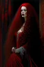 Placeholder: In the foreground there stands a stunning American woman whose visage is adorned with a full sumptuous coat of red lipstick and her long flowing locks are a deep and rich shade of darkness Her garment is an elegant and refined medieval evening gown the hue of which skews towards a bewitching shade of red and its texture is that of a fine and delicate lace Behind her the setting is a warm and inviting space illuminated primarily by the soft flickering glow of candles and punctuated by the presenc