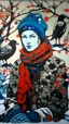 Placeholder: A contemporary serigraphy portrait by Kunisada painted by Matisse of a crow adorned in a punk leather jacket within a snowy Christmas atmosphere.