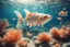 Placeholder: dinamycally swimming antropomorph cat fish in the sea, fishes, corals, shells, bubbles in sunshine, ethereal, cinematic postprocessing