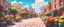 Placeholder: Background: sidewalk in a fun colorful city on a bright sunny day landscape, clouds, plants, paved sidewalk, cartoon asset, clean Details: large colorful flowers potted, bricks, quirky cartoon graphic buildings. Camera: frontal angle, 45°, 35 mm. Lighting: high noon sun, LED lights.