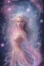 Placeholder: Create an image of a full body cosmic Goddess. The goddess should be depicted as a beautiful and powerful figure, surrounded by cosmic stars. Her hair should be long, blond and flowing, and she should be dressed in a flowing gown blue celestial robe. In the background, include imagery of pink flowers, blue sky,trees. The image should evoke a sense of joy, celebration, and spiritual connection to nature.