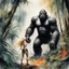 Placeholder: brush stroke Watercolor and ink illustration, Epic, long shot perspective of King Kong standing opposite a beautiful blonde femme fatale in a jungle clearing, art by luis royo and Renoir and Greg Rutkowski, trending on artstation, dynamic composition, graffiti art splash art, colorful polychromatic, ink leak, rough strokes, complex contrast, CGSociety, 3d shading