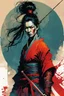 Placeholder: create an imaginative print illustration of an ethereal, otherworldly gaunt and withered ancient female ronin samurai vampire , in the comic book art style of Bill Sienkiewicz, Mike Mignola, and Jean Giraud Moebius, with highly detailed feminine facial features, styled after Sekiro