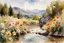 Placeholder: Sunny day, flowers, mountains, river, epic, john singer sargent watercolor paintings