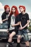 Placeholder: Act like a book cover designer. Three teenagers (13-15 years old) with a grimy black cat. Two boys- redhead, chubby, low, skinny, high, neutral emotion. The girl with black hair, strong make up, punk style clothes. In background white minivan with the driver in t-shirt and with mostauche. Enviroment: old town.