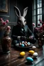 Placeholder: horror figure in rabbit mask sitting on the floor and eating chocolate, around chocolate eggs, brocken glass vase with flowers, volumetric light, dark colors, surreal dark mood, detalied, cinematic