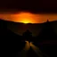 Placeholder: dark night, orange sunset colors in the sky, a lonely cottage with the lights on in the distance on a mountain, a lonely dark figure walking down the road