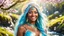 Placeholder: Portrait of a gorgeous smiling skinny polynesian goddess with a golden dark skin, long smooth clear turquoise blue white hair, blue eyes, in a sci-fi outfit with luminous strikes sending a kiss in a hill of flowers with sakura trees, a small torrent, loads of mini flowers, moss, sun rays through the branches, particles in the air at spring