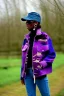 Placeholder: Fresh woman, no make-up, plum-blue-magenta-camouflage jacket. Old-fashioned things like CD's, microphone integrated to mask! Wool/leather visor to tippet, AKG headphones, golden rings. materials are denim, leather and felt cloth mixed. Fashion 1990's. Venue is a small old farm in the middle of the nature, Chicken and cockatoo, Natural Light. Possible colors: Cream white, zinc plate, red ochre, ochre. Thick tights. Thick calves. wide hip