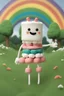 Placeholder: A rainbow marshmallow that has arms and legs and is in a green field with trees made of candy.