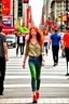 Placeholder: slim redhead woman walking across a busy street