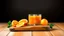 Placeholder: Glass of orange juice and oranges on wooden tree trunk on wood table isolated on white background, copyspace for text