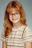 Placeholder: full color image, 1980's yearbook photo, girl, Molly Ringwald, 24 years old, a sly, clever smile on her face, 1980's clothing and hair styles, 4k UHD, photorealistic, (big, full, plump, pouty lips:1.5) big cat-eye eyeglasses, full body, head to toe, full frontal