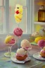 Placeholder: Beautiful ice-cream sundaes on a modern kitchen counter, on embroidered lace, Hyper realistic, oil on canvas award winning fantastic view ultra detailed acrylic art Ultra realistic Impressionism Surrealism simen johan, sharp focus intricate oil on canvas cinematic lighting photorealistic high detail ultra detailed crisp quality in sunshine