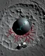 Placeholder: High-altitude lunar reconnaissance satellite image of a young impact crater. A massive damaged matte-black alien sphere with glowing cyan fracture lines lies on the crater floor. Thin red organic growth radiates across regolith and up crater walls. At the lower frame edge, a small modern white single-seat lunar rover with glass canopy sits near the rim with visible wheel tracks. Stark vacuum lighting, no atmosphere, pitch-black space, photorealistic lunar geology, scientific imaging clarity.