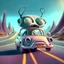 Placeholder: a cartoon alien driving a car down a road, a character portrait by Mike Winkelmann, featured on cgsociety, pop surrealism, rendered in cinema4d, daz3d, behance hd