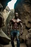 Placeholder: Alimi Ballard as very muscular male. bald with tribal tattoos wearing jeans and a teeshirt outside a cave