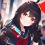 Placeholder: Clear focus,High resolution,High quality, Smiling,Wearing a Sailor Uniform Inspired Outfit,Wearing black long socks, Black Long hair with a ahoge, Red eyes, Wearing black gloves, Bloody mess, Small pupils, Epic camera veiw, Blurry City in the background