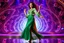 Placeholder: a very beautiful lady with makeup and curvy hair, wearing a pretty green jewelled long skirt with blouse and high heels, dancing over a modern stage with luxury metalic fractal recursive structures and dynamic color lights.3by 2