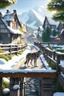 Placeholder: [Waterscape] Afternoon summer walking is in the village town, the main role is the gray wolf, standing on the bridge near the gardens with snow, 8K resolution, high quality, ultra graphic, and detailed with lines.