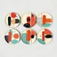 Placeholder: "Create a set of six round plates, each featuring an abstract design inspired by the fifth image. Use elongated cylindrical shapes decorated with a mix of bold and subtle colors like red, orange, black, turquoise, and off-white. Integrate organic patterns such as dots, curved lines, and patches of contrasting hues to create a visually engaging, textured look. The design should evoke an artistic, modern feel with a playful, handcrafted touch, making each plate a unique yet cohesive piece in the s