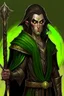 Placeholder: full length, mantle, hood removed, black with, holding a spear in his hand, dark green eyes