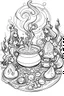 Placeholder: A cauldron bubbling with green potion, surrounded by witches casting spells. Outline, sketch style, only use outline, mandala style, clean line art, white background, no shadows, no clear wall, coloring page.