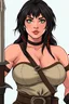 Placeholder: In a realistic, non-anime, vintage cartoon style: Bust shot of 35-year old, chubby Scandinavian dark-haired lady with green eyes and very thick lips who is dressed in the fighting gear like Warrior Princess (i.e. Xena)