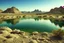 Placeholder: lagoon, rocks, distant mountains, arid land, desert, pond, rocks, distant city, epic