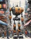 Placeholder: Junk city, many people buying a robot, street view, in the style of Katsuhiro Otomo,