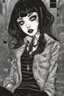 Placeholder: create a horror manga illustration of a dark haired, savage vampire gothpunk girl with highly detailed , sharply defined feminine facial features, in a chaotic, turbulent, otherworldly London in the manga style of Junji Ito, precisely drawn, inked, with dramatic edges,