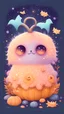 Placeholder: Cute soft hairy fuzzy pumpkin monster with big cute eyes. Bats, stars, sparkles, flowers and mushrooms around. Sweet pastel autumn colours.