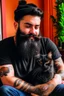 Placeholder: cozy vibes art guy with black beard with calico cat
