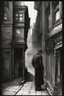 Placeholder: man in dark clothing, hiding around a corner while looking down on a brightly lit Victorian street