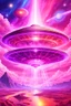 Placeholder: vaisseau interdimensionnel de couleur rose, grands rayonnements, dans un cosmos rose et jeu très étoilé d'or, 8K,ufo rainbow