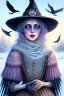 Placeholder: Friendly witch, playing with crows, perfect eyes, pastel colours, snow, style Elisabeth Kreitz