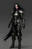 Placeholder: female with long black hair, wearing metal armor, whole body