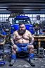 Placeholder: full figure shot photography of a short ugly hefty burly dirty chubby hairy angry man turkish 28 years old, hair, beard, shirtless, tattoo, manly chest with bulging opened short pants, hairy, angry eyes, inside a mechanical workshop under the sun sitting on the hood of a car, open legs, photorealistic, ambient occlusion, side light , frontal view from the floor