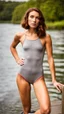 Placeholder: beautiful woman, age 18, full body shot, short grey triathlon swimsuit, short wavy bob haircut, red hair, photographed on the sidewalk