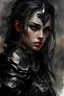 Placeholder: A formidable warrior girl in black armor, on the background Amazing gloomy landscape, flooded with sunset, mountains, trees, fabulous scary hero, , juicy emotions, painting, dark fantasy, gloomy day, dark world, portrait, by Anna Razumovskaya