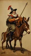 Placeholder: Hieronymus Bosch style Don Quixote riding a donkey with a monkey walking the donkey