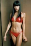 Placeholder: full color Portrait of 18-year-old Lenna Nimoy, with long, straight black hair, the bangs cut straight across the forehead, with a stacked body wearing a red leather string bikini - well-lit, UHD, 1080p, professional quality, 35mm photograph by Scott Kendall