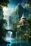 Placeholder: Fantasy Art islamic Mosque,the waterfall in rocky cliff, the ocean fantasy In my mind bows,in the jungle , new style collonades for meditation palace built in the jungle , mountains. space color is dark , where you can see the water and smell the smoke, galaxy, space, ethereal space, cosmos, panorama. Palace , Background: An otherworldly planet, bathed in the cold glow of distant stars.