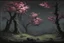 Placeholder: Night, trees, flowers, japanese manga style, horror gothic fantasy spring, rocks, friedrich eckenfelder paintings